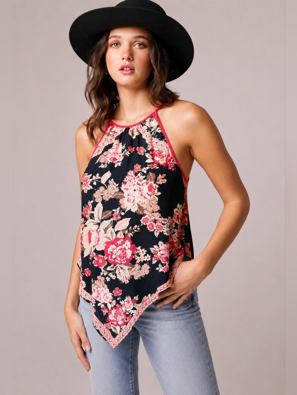 B.O.G. Collective | 'Once In A Lifetime' Floral Handkerchief Halter Tank, Size M